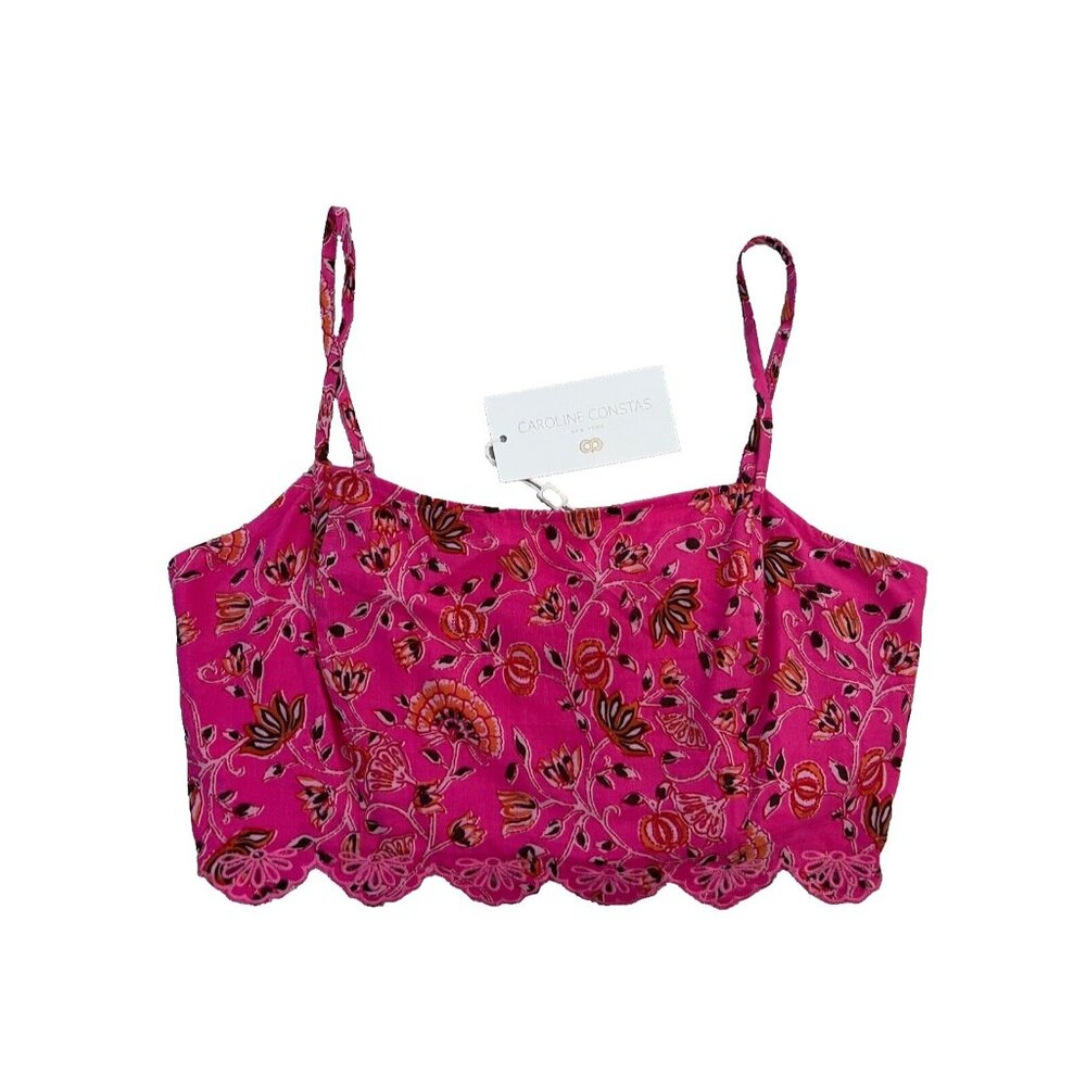 Caroline Constas Floral Crop Ruched Scalloped Tank Pink
